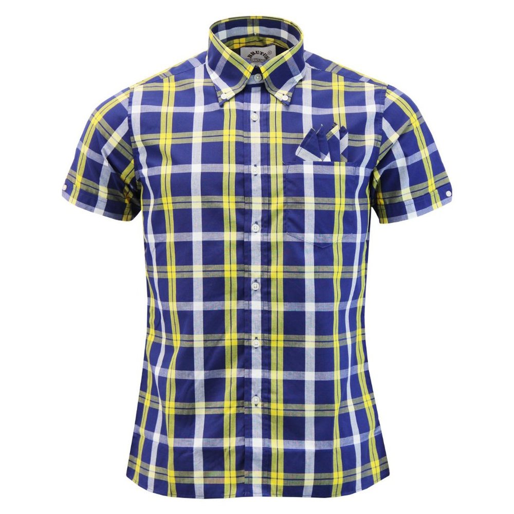 Men's Brutus Trimfit Mod Check Short Sleeve Shirt Blue and White Size XL